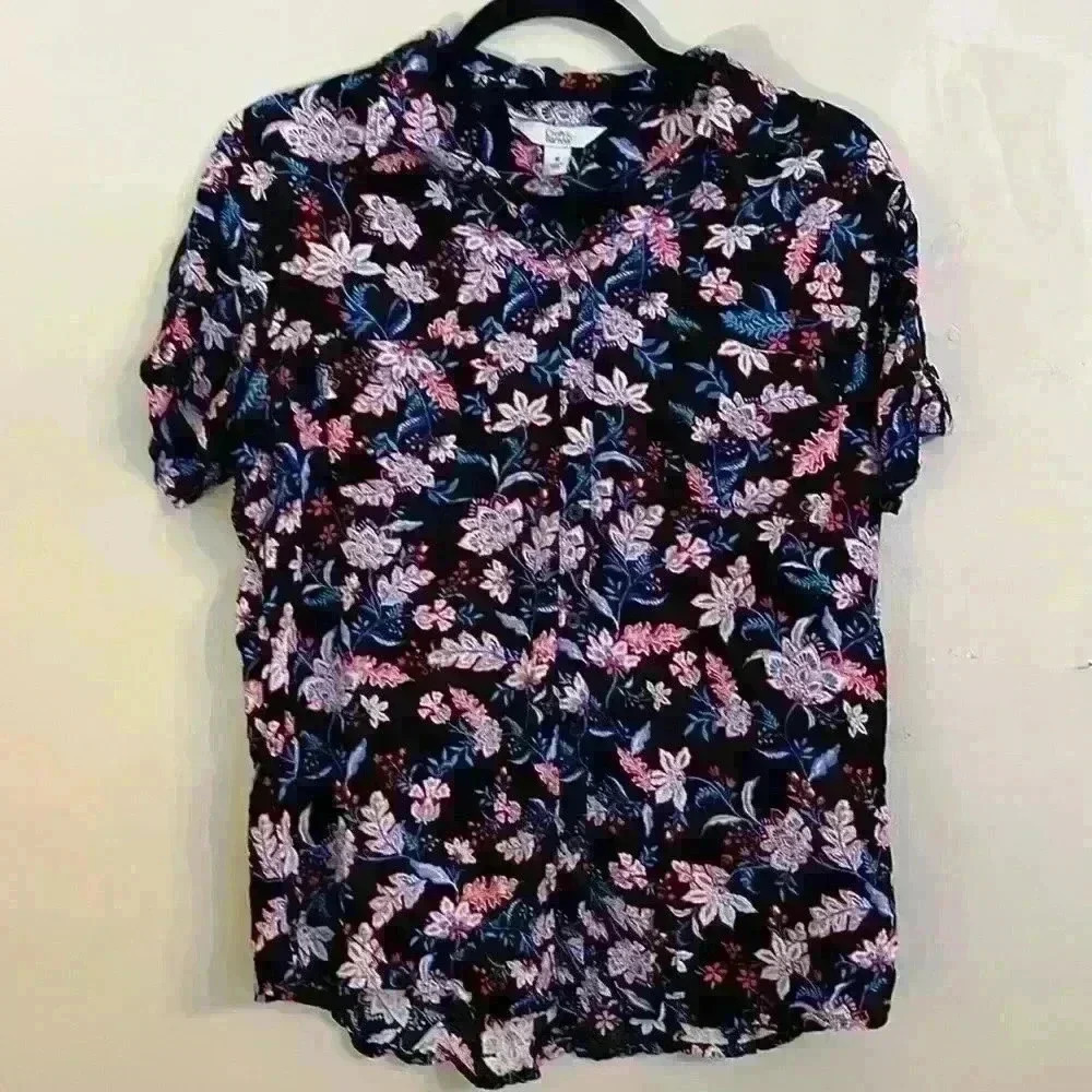 Croft & Barrow Black Floral Short Sleeve Button Blouse Size M